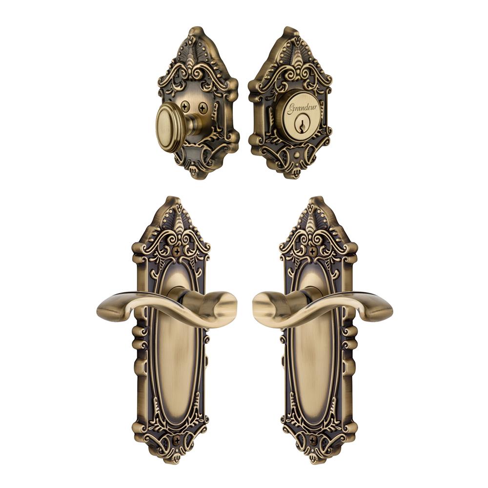 Grandeur by Nostalgic Warehouse Single Cylinder Combo Pack Keyed Differently - Grande Victorian Plate with Portofino Lever and Matching Deadbolt in Vintage Brass